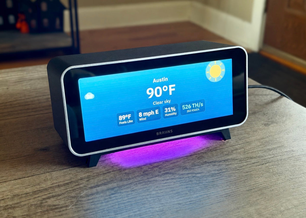 Braiins Deck HashWatcher Weather Austin and hashrate widgets purple glow