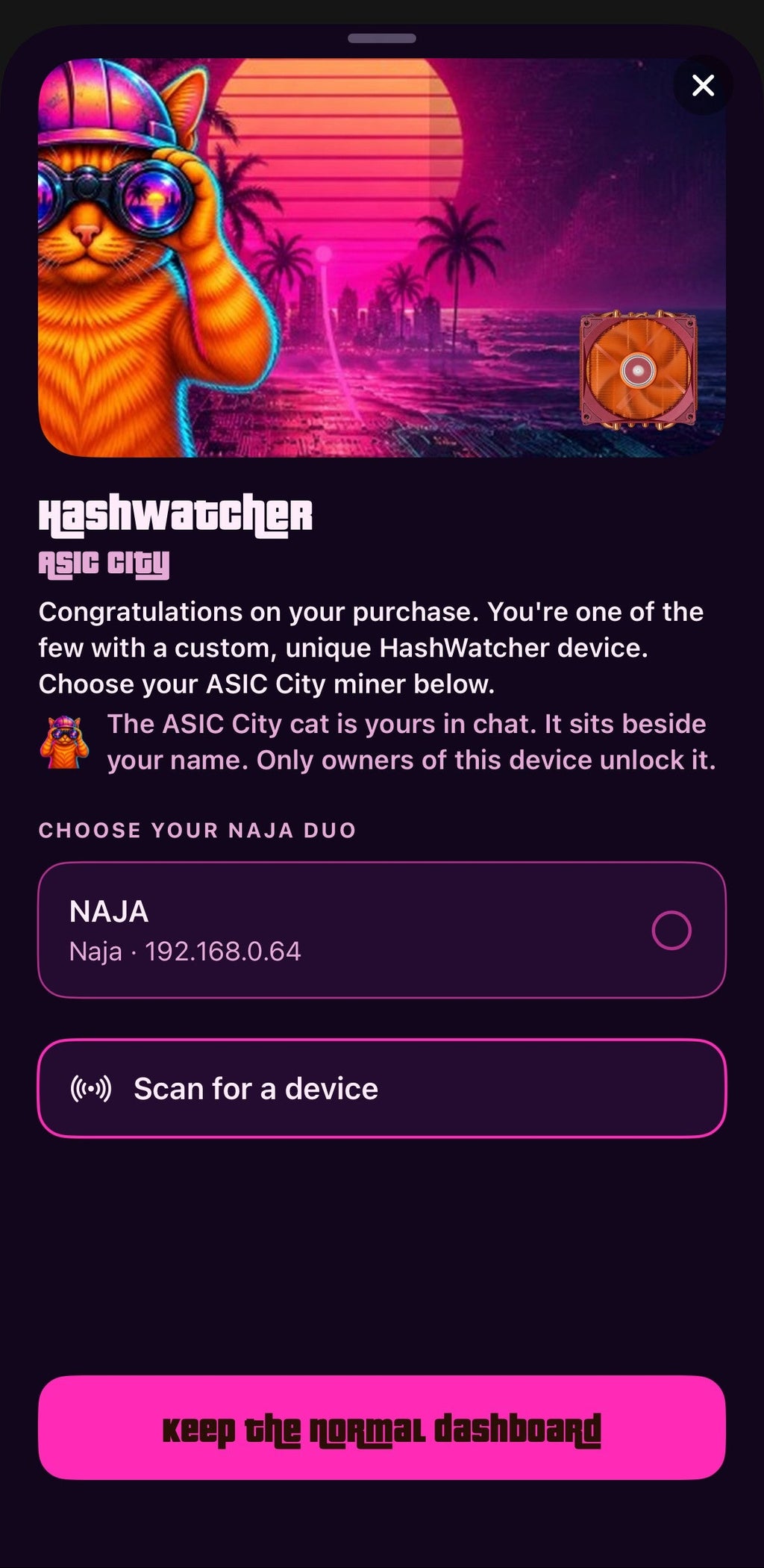 ASIC City dashboard theme and chat flair in the HashWatcher app