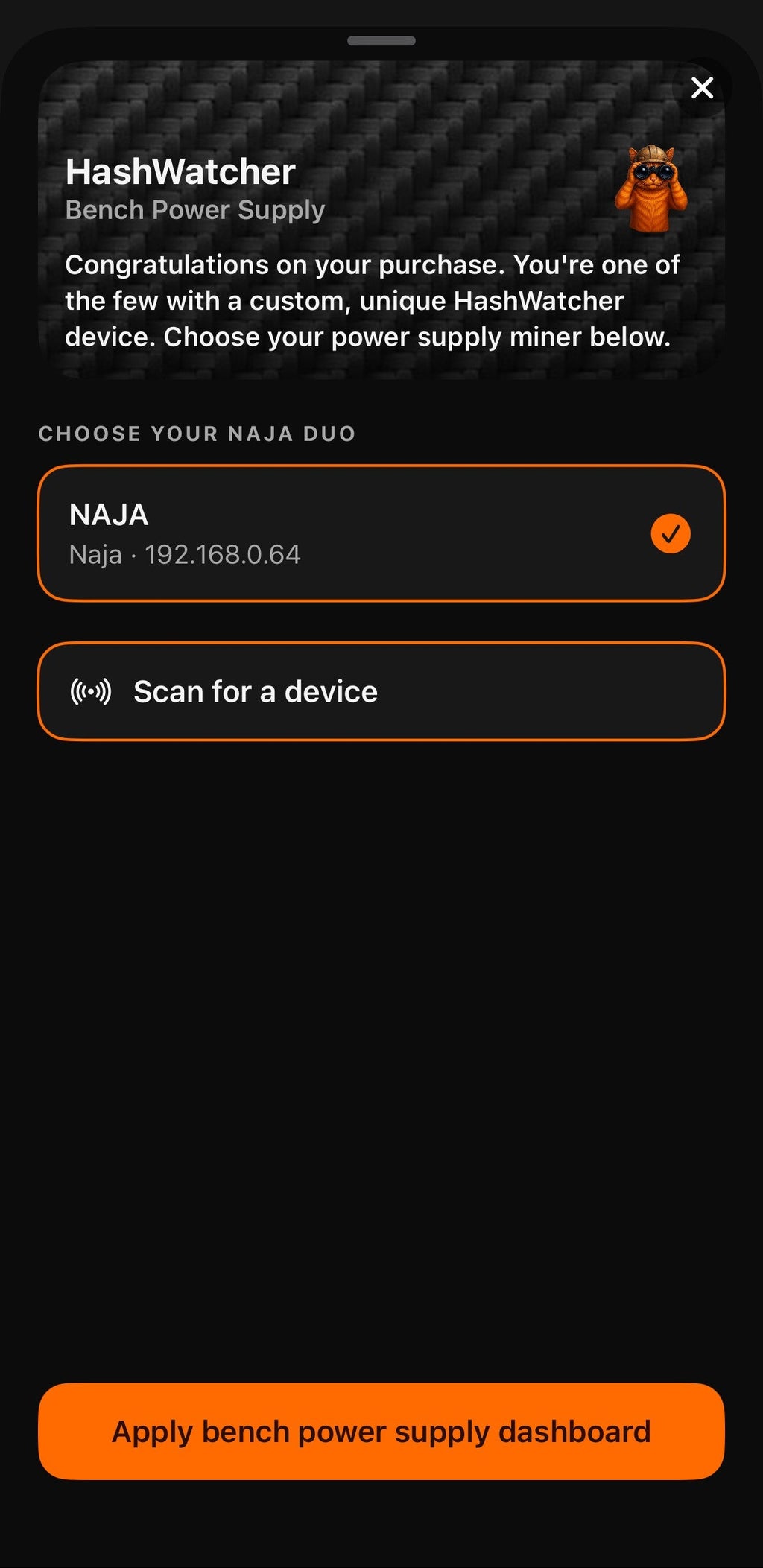 Bench Power Supply dashboard theme in the HashWatcher app